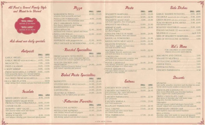 Buca di beppo alcohol menu